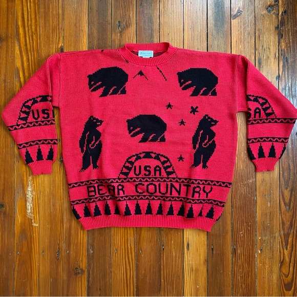 Vintage 80s Jane Adams Bear Country U.S.A. continuous print sweater One Size - Picture 1 of 5
